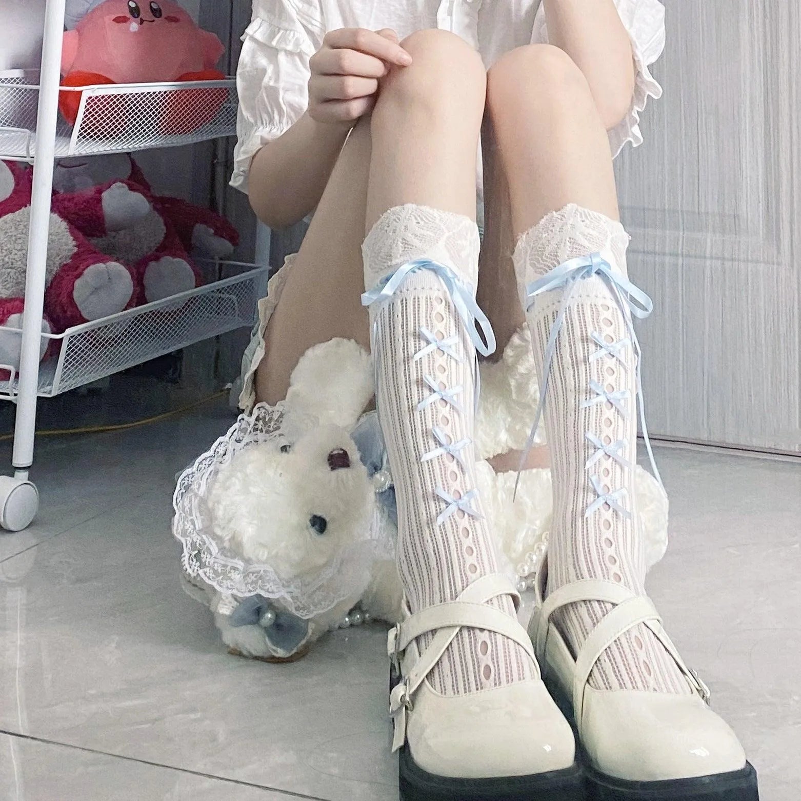 Blue Ribbon Lace Lolita Babydoll knee high socks for women - KawaSocks