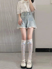 Blue Ribbon Lace Lolita Babydoll knee high socks for women - KawaSocks