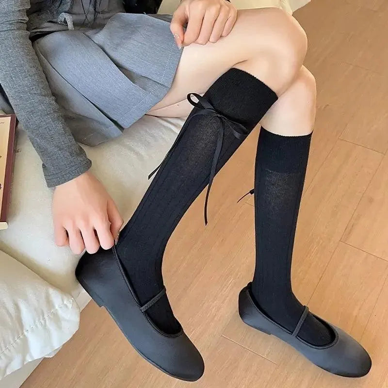 Classic Black Knee High Socks With Ribbon Detail - KawaSocks - KawaSocks