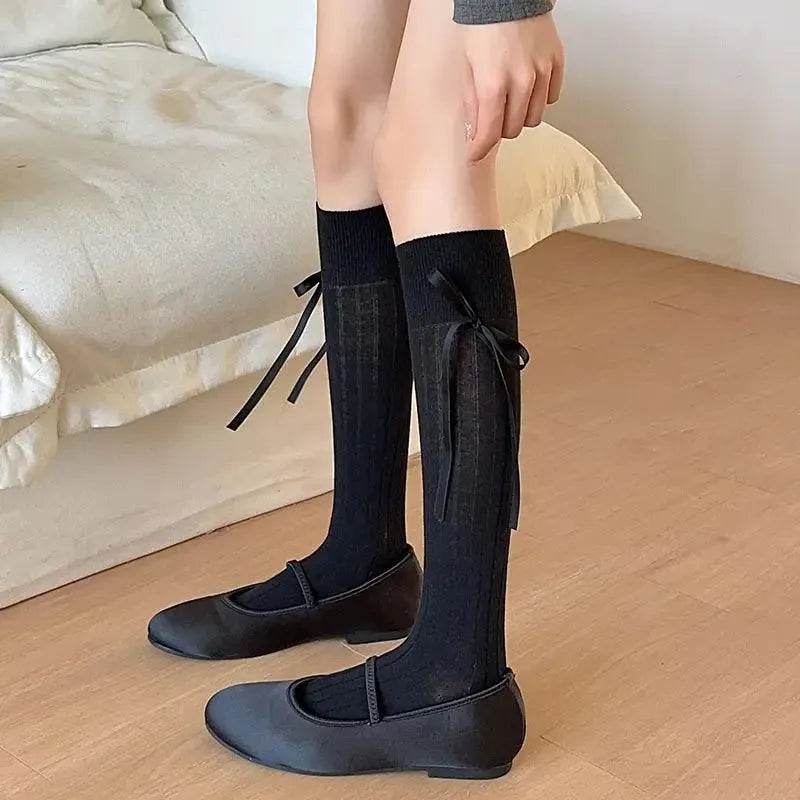 Classic Black Knee High Socks With Ribbon Detail - KawaSocks - KawaSocks