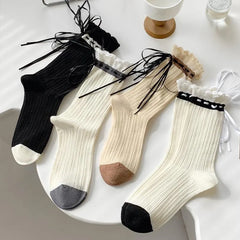 One Pair of Cotton Crew Socks With Ribbon | Lolita Socks | Cute Socks - KawaSocks