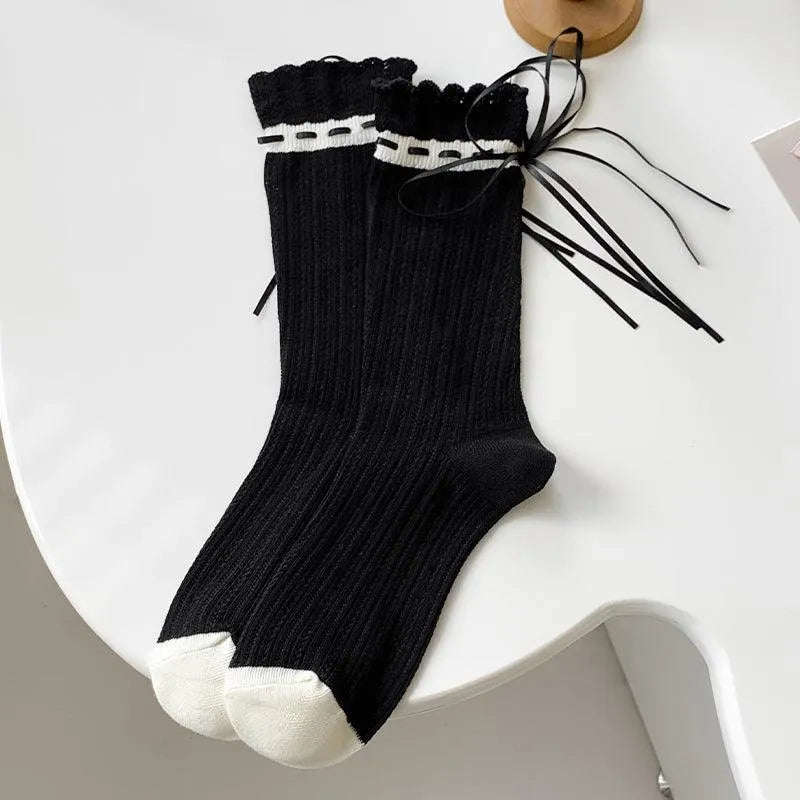 One Pair of Cotton Crew Socks With Ribbon | Lolita Socks | Cute Socks - KawaSocks