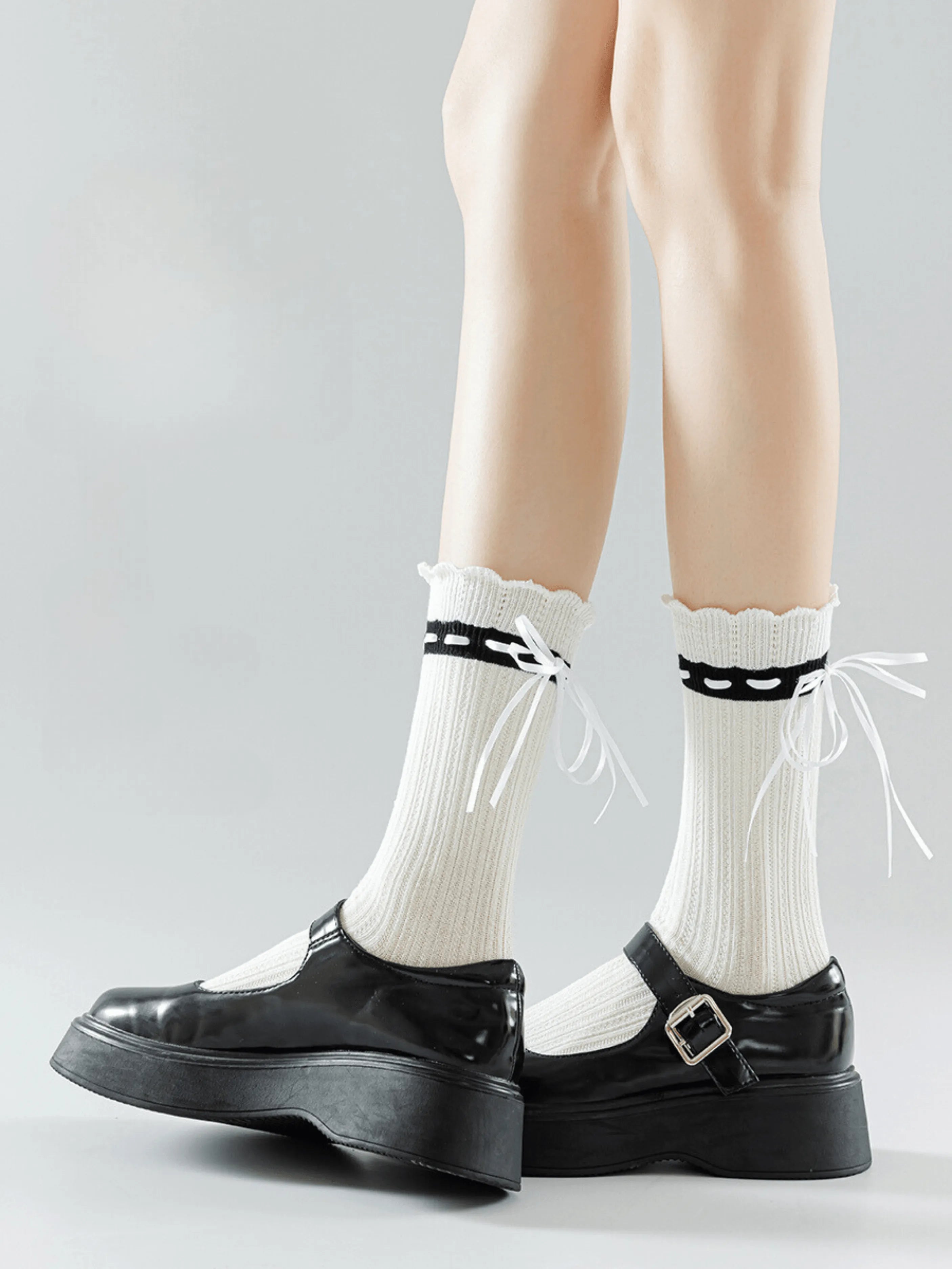 One Pair of Cotton Crew Socks With Ribbon | Lolita Socks | Cute Socks - KawaSocks