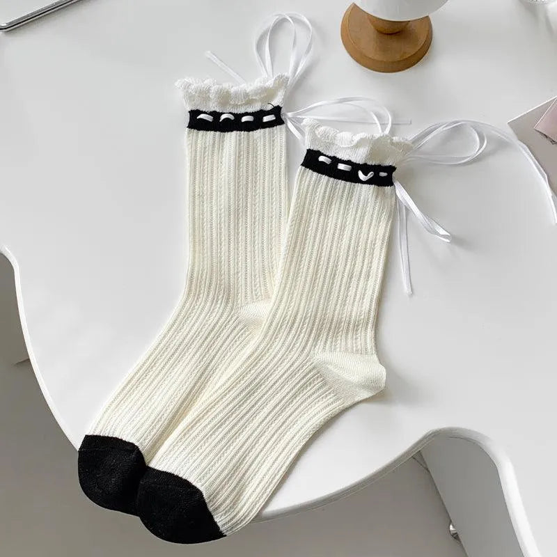 One Pair of Cotton Crew Socks With Ribbon | Lolita Socks | Cute Socks - KawaSocks