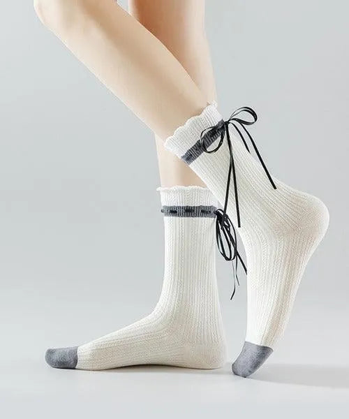 One Pair of Cotton Crew Socks With Ribbon | Lolita Socks | Cute Socks - KawaSocks