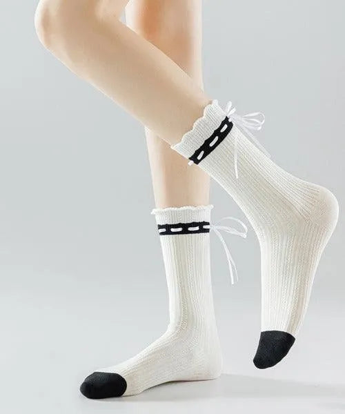 One Pair of Cotton Crew Socks With Ribbon | Lolita Socks | Cute Socks - KawaSocks