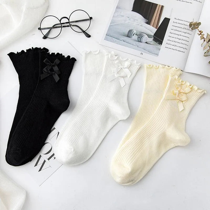 Cotton Lolita Socks | Frilly Crew Socks With Bowknot | Cute Socks - KawaSocks