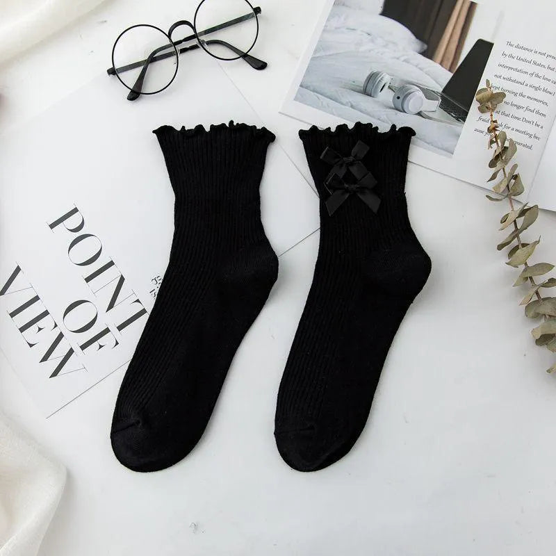 Cotton Lolita Socks | Frilly Crew Socks With Bowknot | Cute Socks - KawaSocks