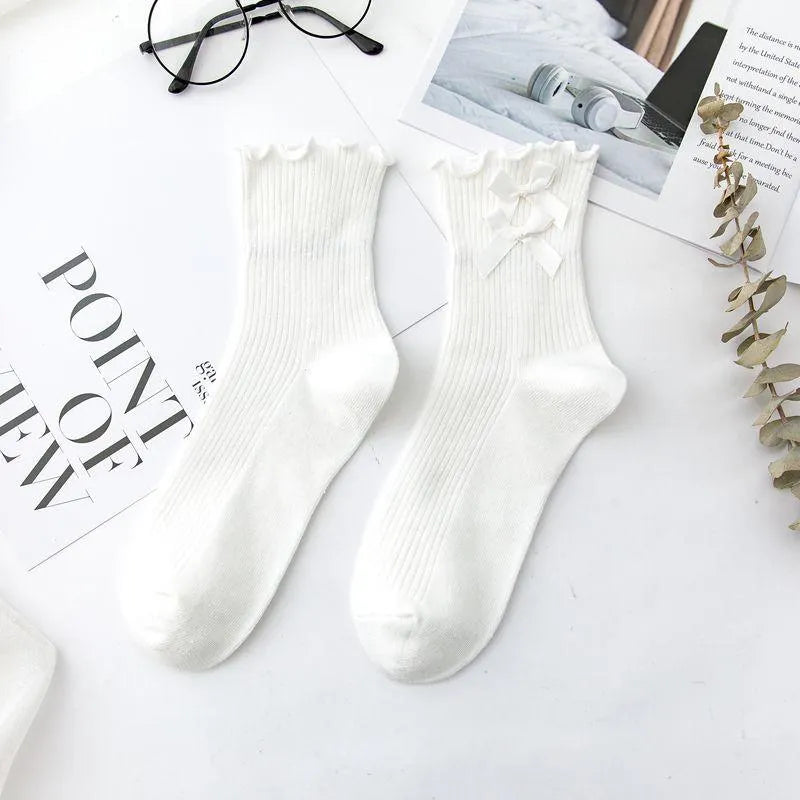 Cotton Lolita Socks | Frilly Crew Socks With Bowknot | Cute Socks - KawaSocks