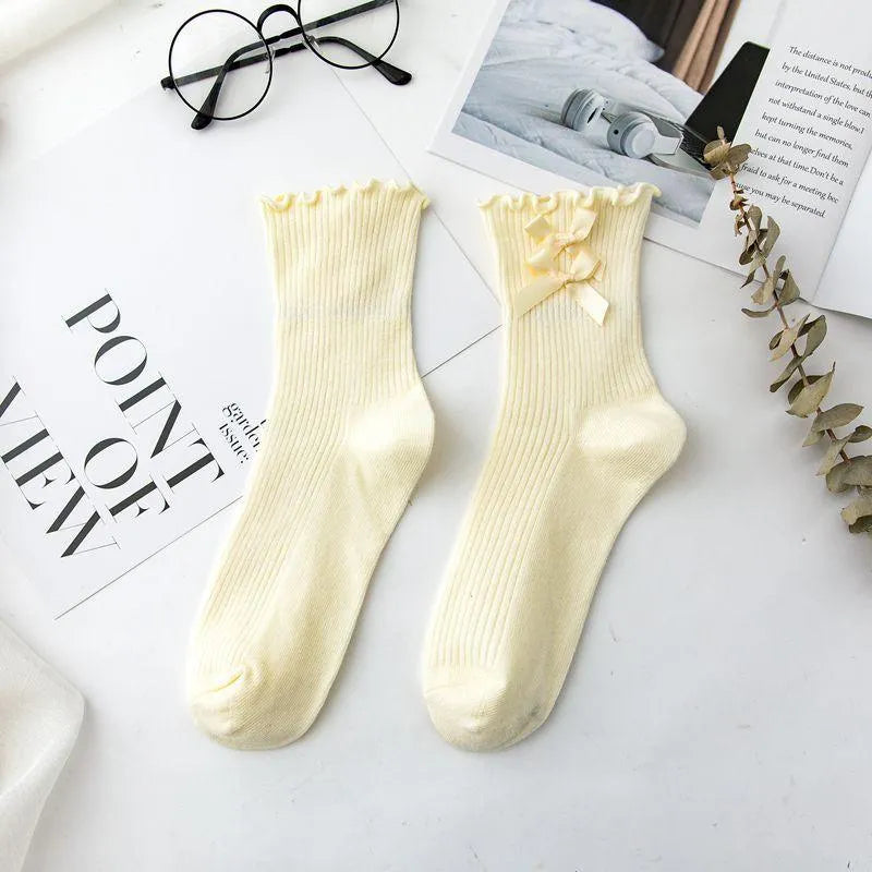 Cotton Lolita Socks | Frilly Crew Socks With Bowknot | Cute Socks - KawaSocks