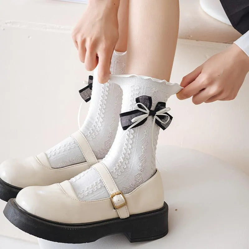 Cotton Lolita Socks With Ruffle | Frilly Socks With Bowknot | Cute Socks - KawaSocks