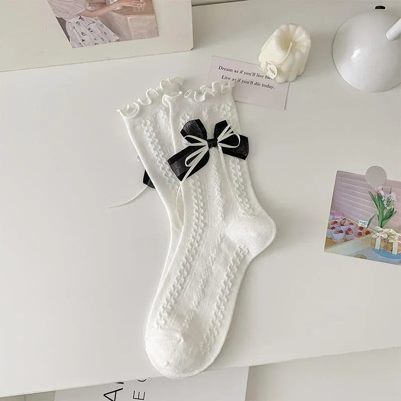 Cotton Lolita Socks With Ruffle | Frilly Socks With Bowknot | Cute Socks - KawaSocks