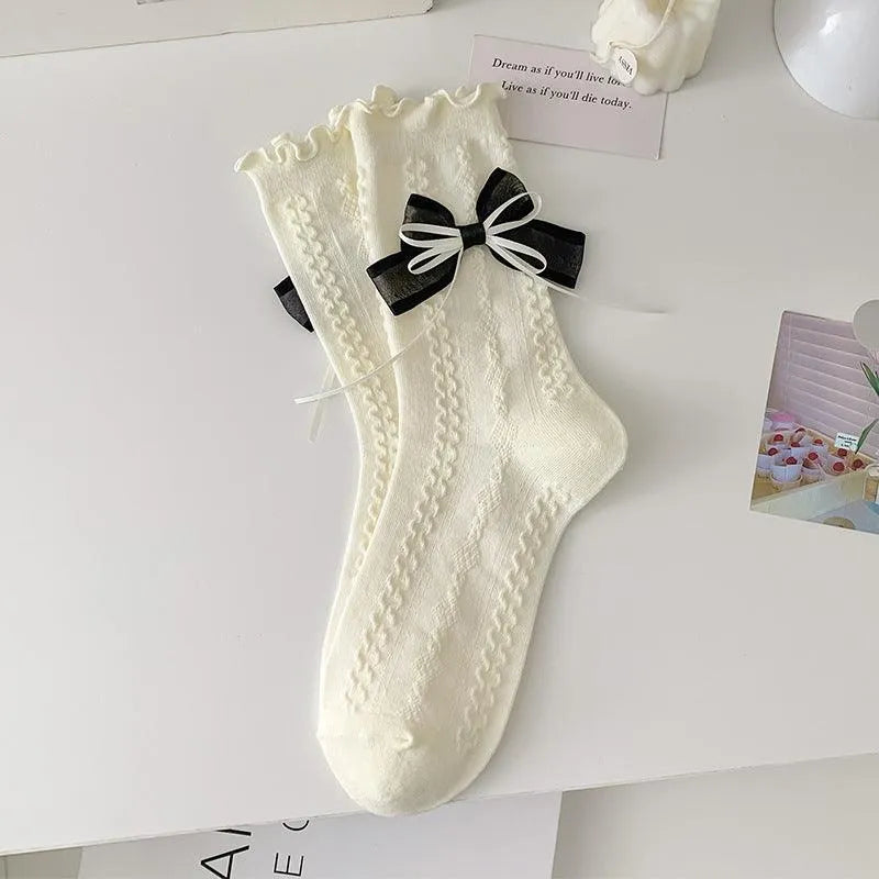 Cotton Lolita Socks With Ruffle | Frilly Socks With Bowknot | Cute Socks - KawaSocks