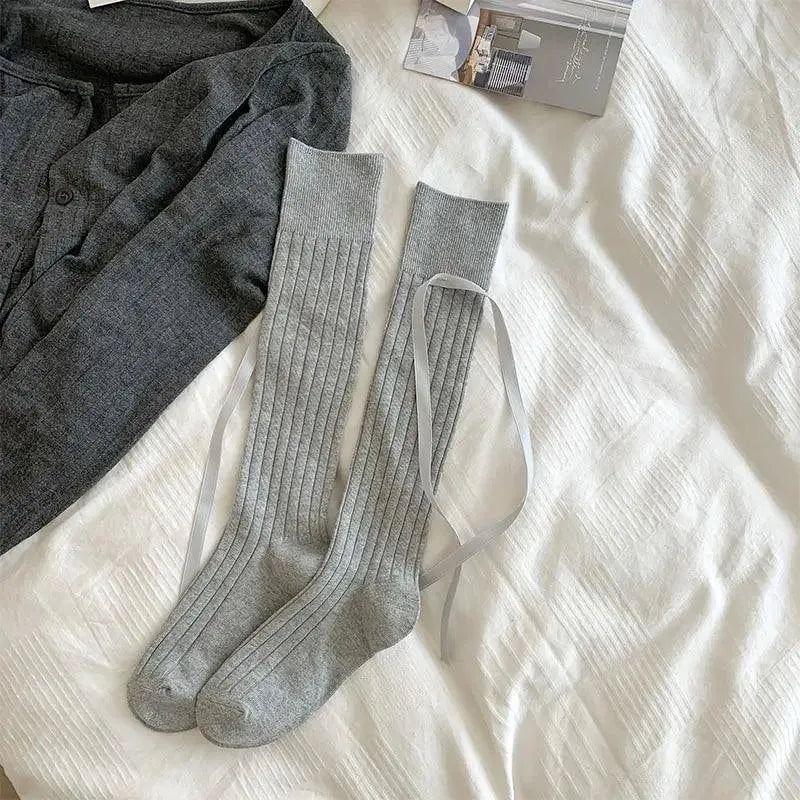 Cozy Grey Sheer Knee High Socks with Stylish Ribbon Ties- KawaSocks - KawaSocks