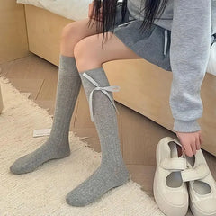 Cozy Grey Sheer Knee High Socks with Stylish Ribbon Ties- KawaSocks - KawaSocks