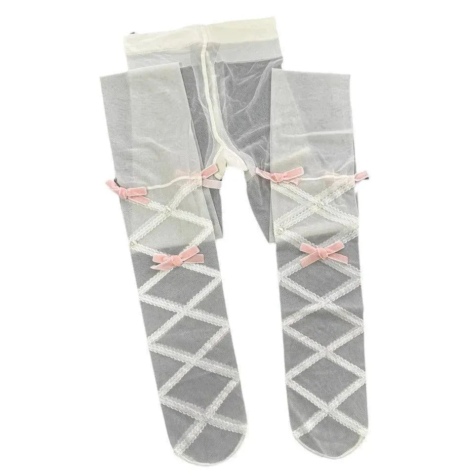 Cross Strap Pink Velvet Fabric Sweet Lolita JK Pantyhose tights for girls - KawaSocks