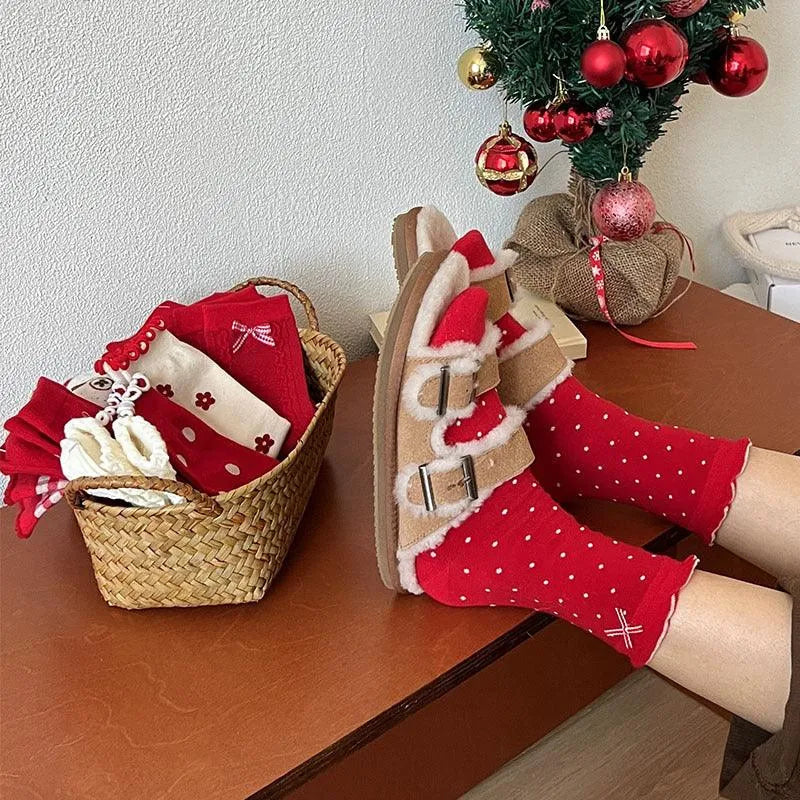 Cute Christmas Socks | Red Lolita Socks | Polka Dot Socks - KawaSocks