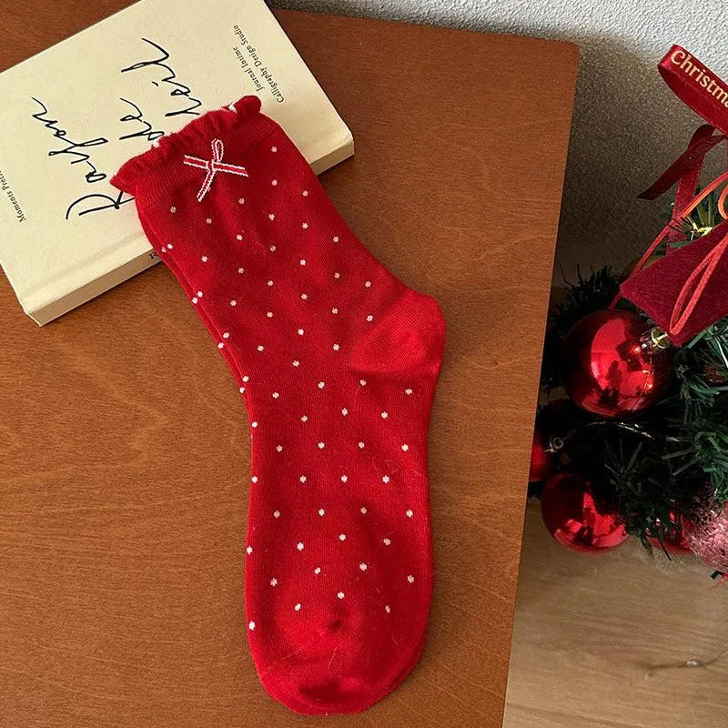 Cute Christmas Socks | Red Lolita Socks | Polka Dot Socks - KawaSocks