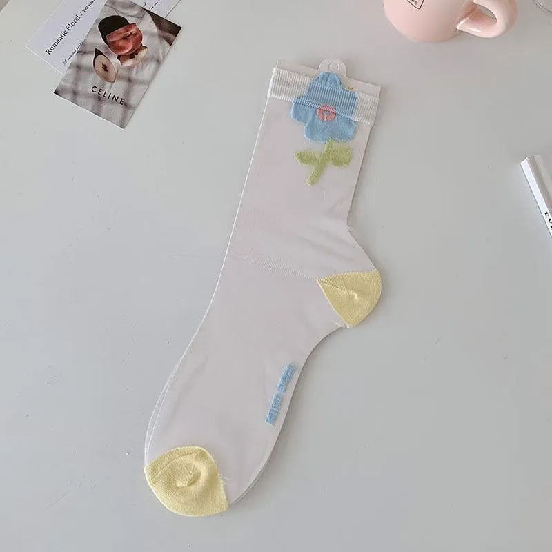 Cute Sheer Crew Socks | Mesh Socks With Flower Pattern | Cute Socks - KawaSocks