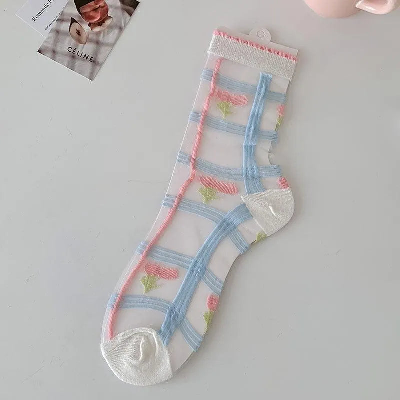 Cute Sheer Crew Socks | Mesh Socks With Flower Pattern | Cute Socks - KawaSocks