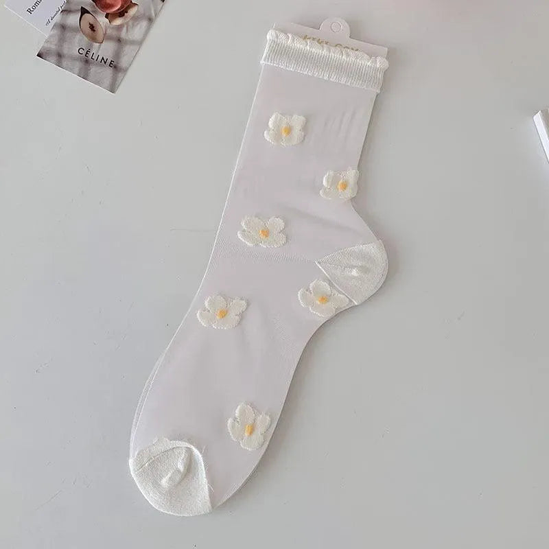 Cute Sheer Crew Socks | Mesh Socks With Flower Pattern | Cute Socks - KawaSocks