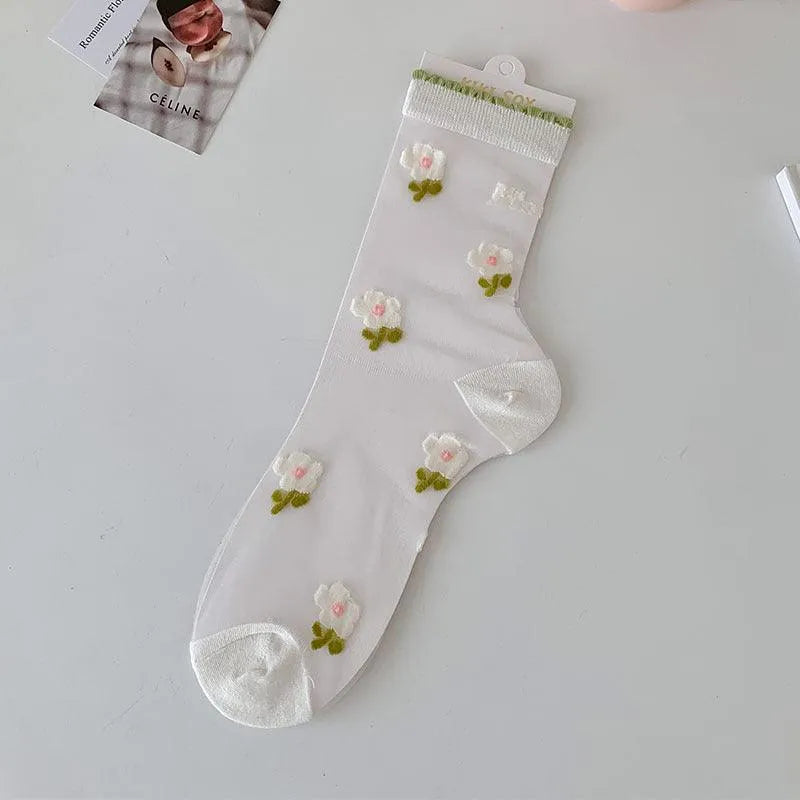 Cute Sheer Crew Socks | Mesh Socks With Flower Pattern | Cute Socks - KawaSocks