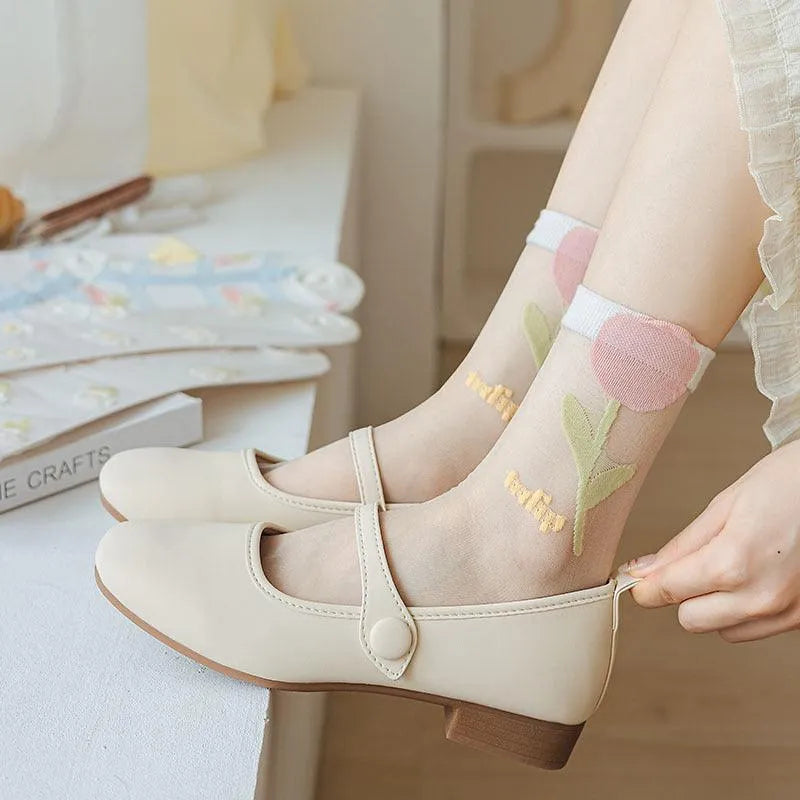 Cute Sheer Crew Socks | Mesh Socks With Flower Pattern | Cute Socks - KawaSocks