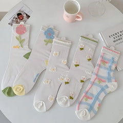 Cute Sheer Crew Socks | Mesh Socks With Flower Pattern | Cute Socks - KawaSocks