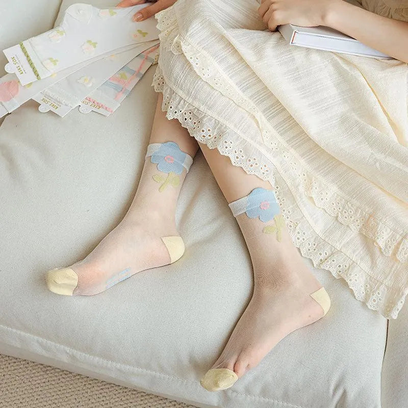 Cute Sheer Crew Socks | Mesh Socks With Flower Pattern | Cute Socks - KawaSocks