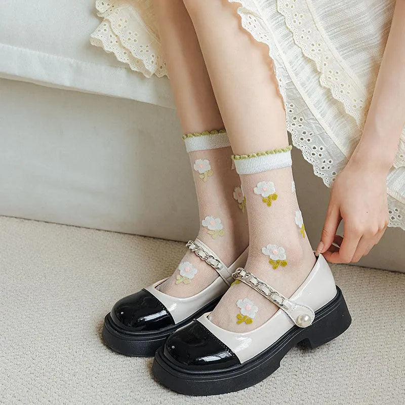 Cute Sheer Crew Socks | Mesh Socks With Flower Pattern | Cute Socks - KawaSocks