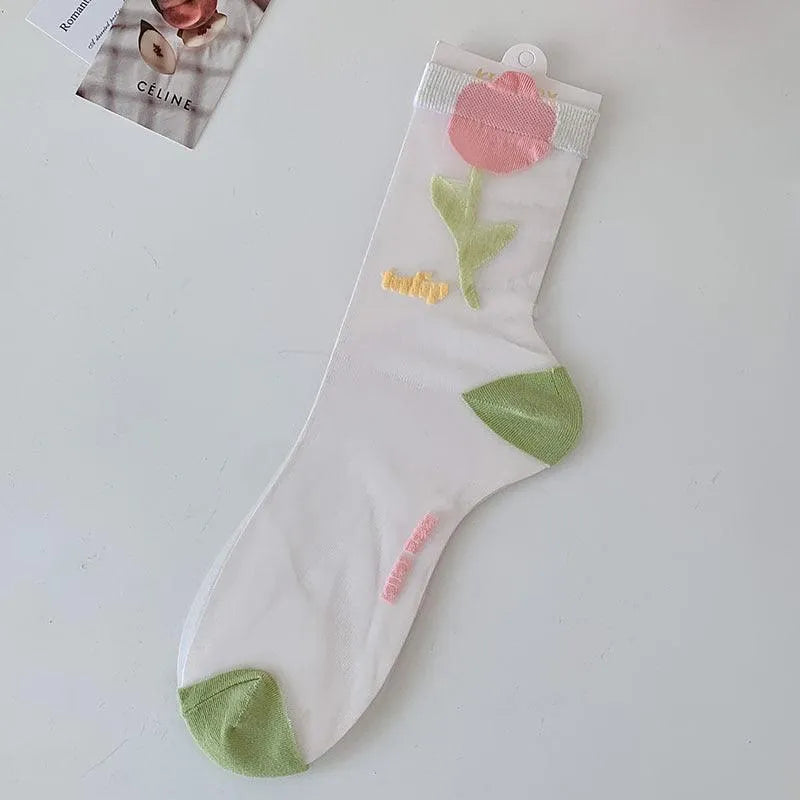 Cute Sheer Crew Socks | Mesh Socks With Flower Pattern | Cute Socks - KawaSocks