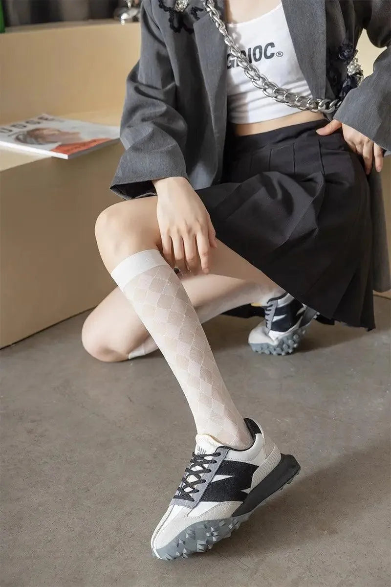 Lolita Gothic Diamond Checkered Black Knee High Socks for Women - KawaSocks