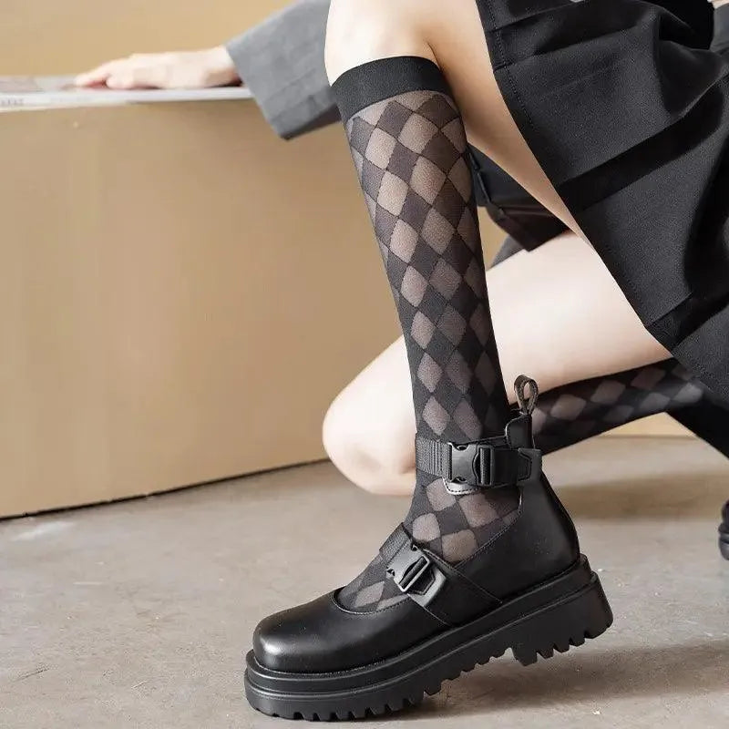 Lolita Gothic Diamond Checkered Black Knee High Socks for Women - KawaSocks