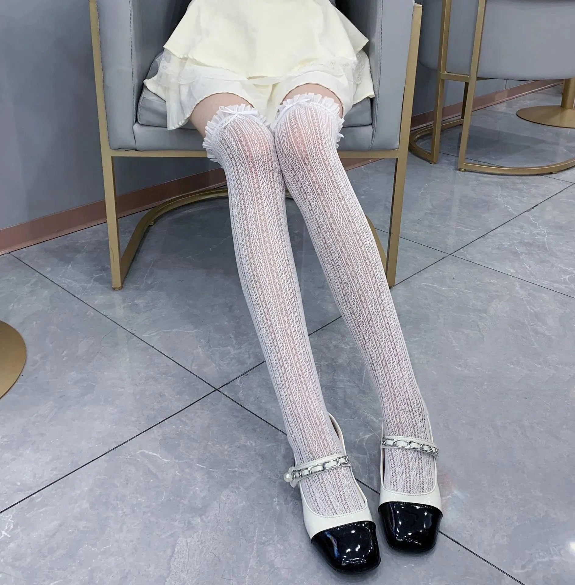 Elegant Lace Over the Knee Socks with Ruffle Trim and Bow Detail - KawaSocks