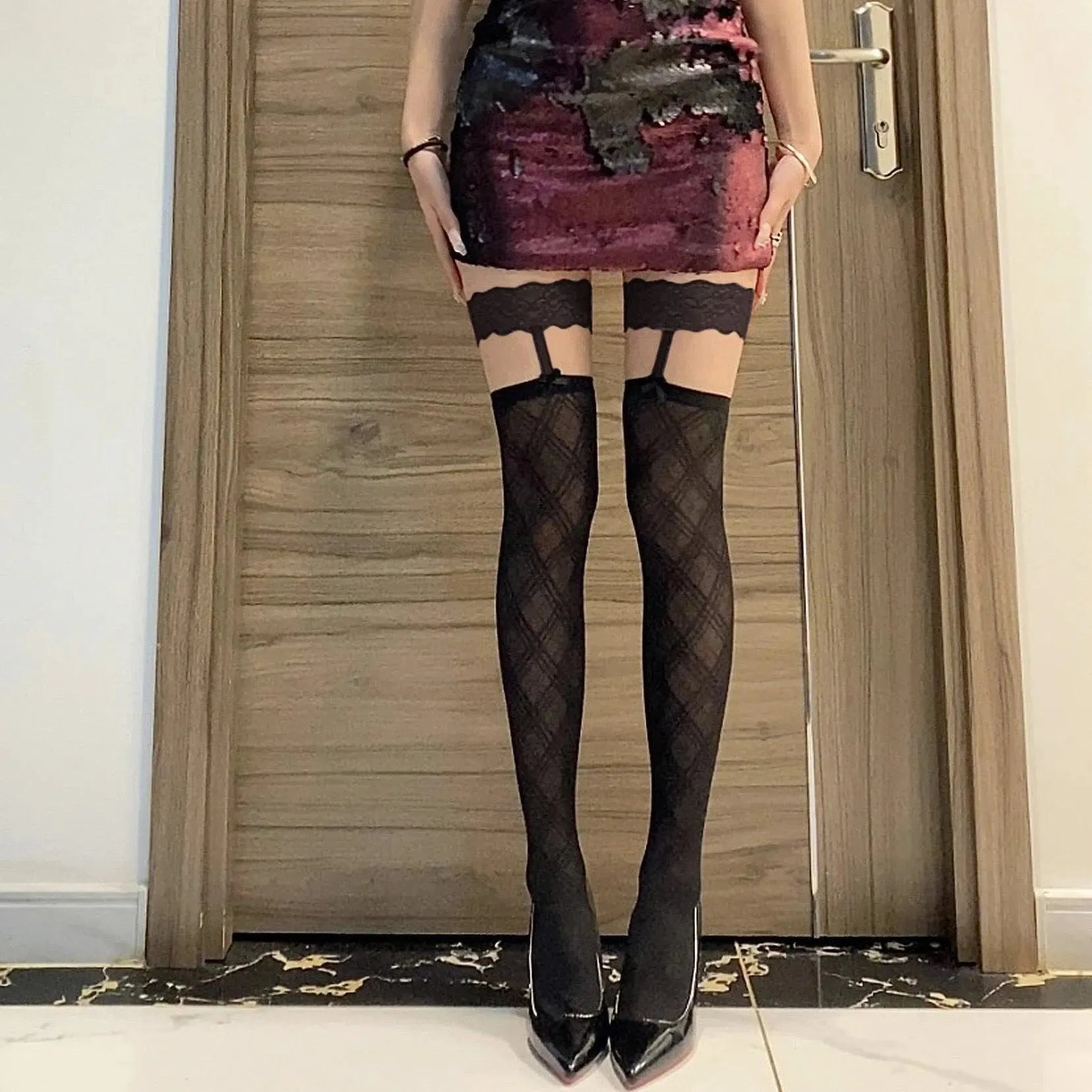 Black Thigh High Socks with Garter - Polka Dot & Diamond Pattern - KawaSocks