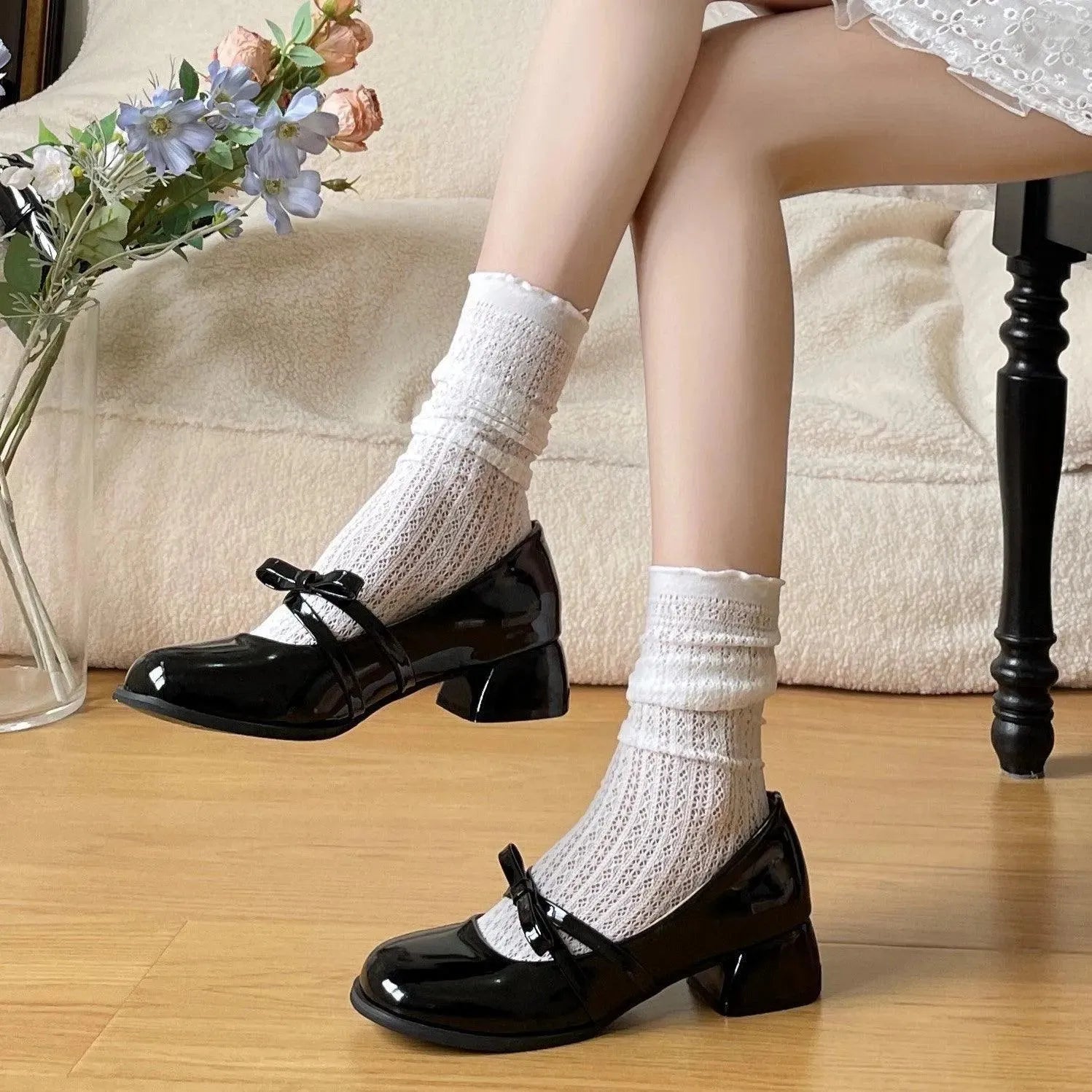 Floral Pattern Lace Knee High Socks Slouchy Loose Socks - KawaSocks