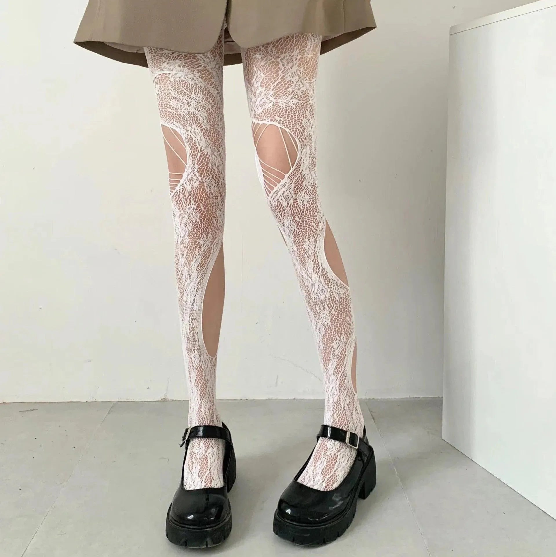 Flower Unique Vintage Lace Fishnet Cut Out Tights - KawaSocks