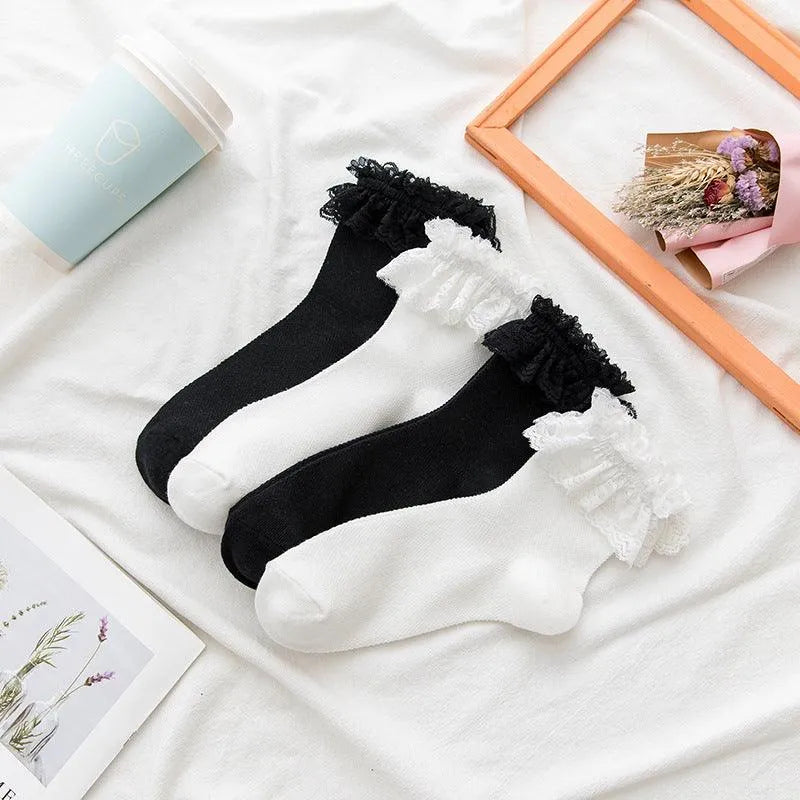 Frilly Crew Sock | Lace Crew Socks With Ruffle | Lolita Outfits - KawaSocks