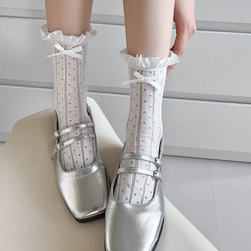 Frilly Crew Socks with Ribbon | Lace Socks With Ruffle | Kawaii Socks - KawaSocks