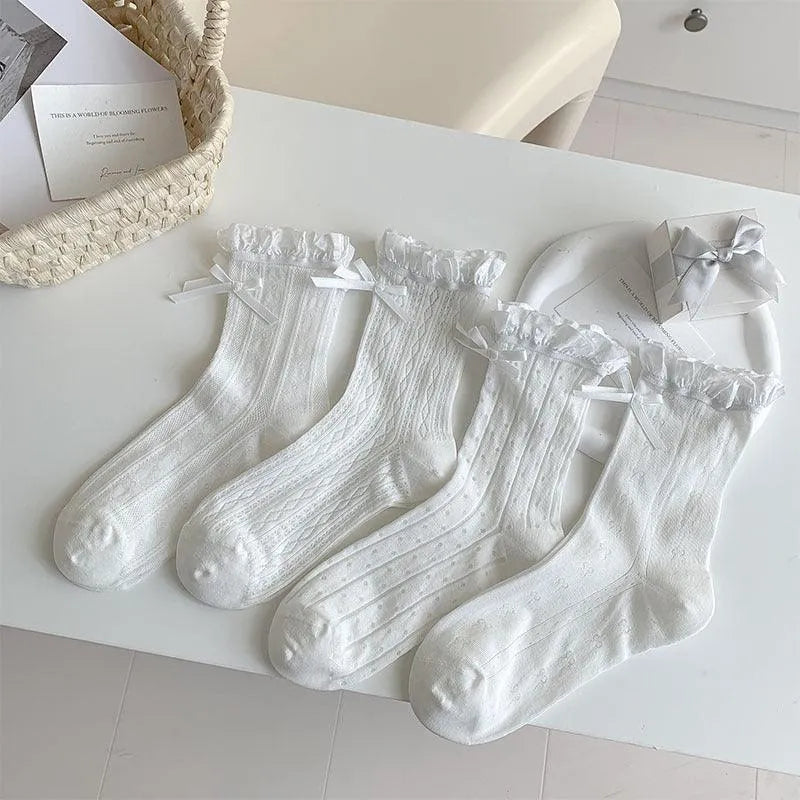 Frilly Crew Socks with Ribbon | Lace Socks With Ruffle | Kawaii Socks - KawaSocks