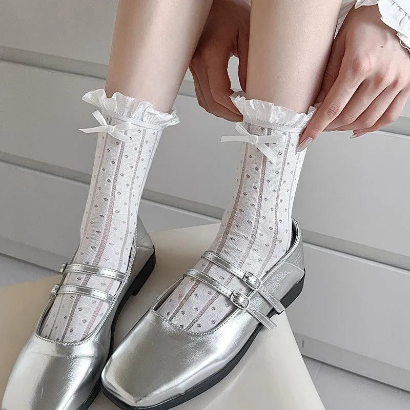 Frilly Crew Socks with Ribbon | Lace Socks With Ruffle | Kawaii Socks - KawaSocks