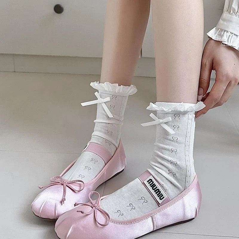 Frilly Crew Socks with Ribbon | Lace Socks With Ruffle | Kawaii Socks - KawaSocks