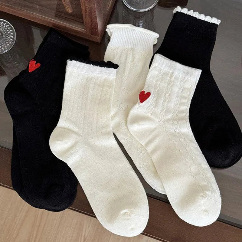 One Pair of Frilly Socks With Heart Pattern | Cute Crew Socks | Causal Socks - KawaSocks