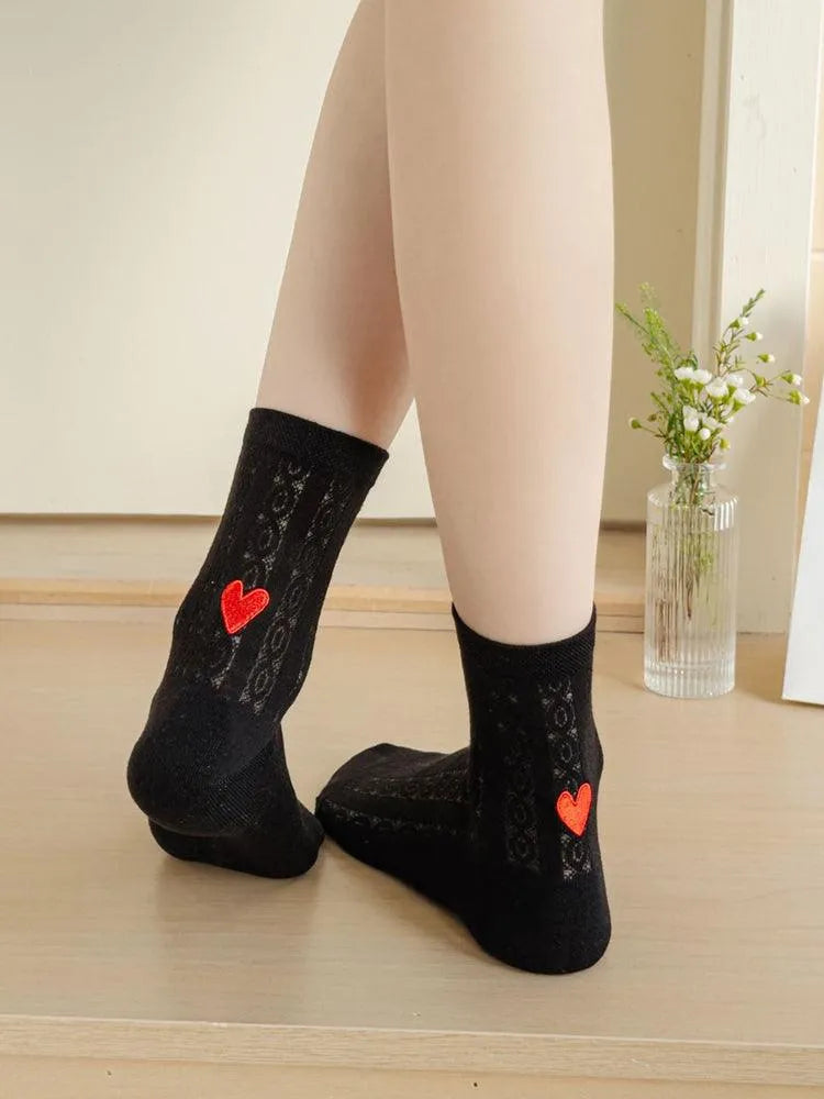 One Pair of Frilly Socks With Heart Pattern | Cute Crew Socks | Causal Socks - KawaSocks