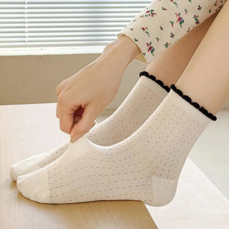 One Pair of Frilly Socks With Heart Pattern | Cute Crew Socks | Causal Socks - KawaSocks