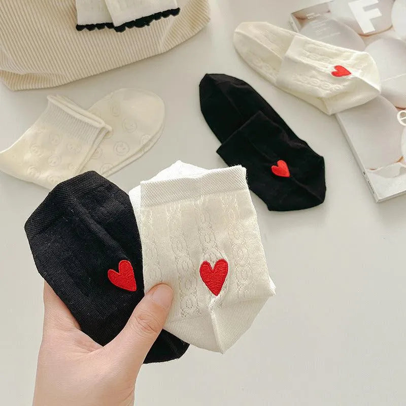 One Pair of Frilly Socks With Heart Pattern | Cute Crew Socks | Causal Socks - KawaSocks