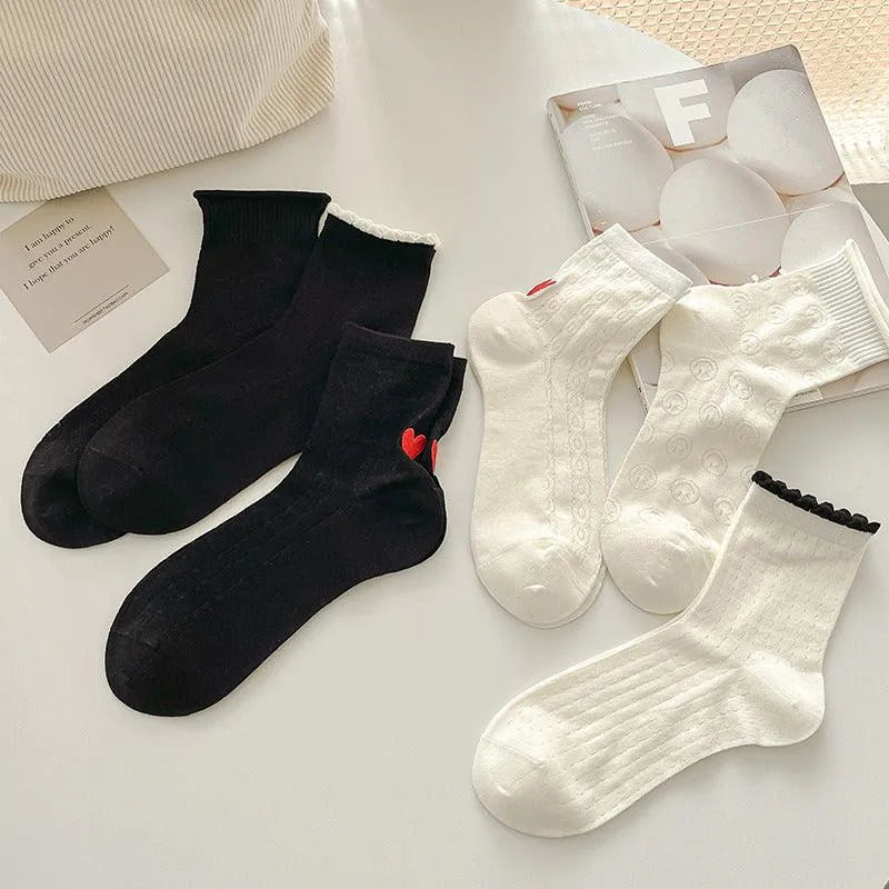 One Pair of Frilly Socks With Heart Pattern | Cute Crew Socks | Causal Socks - KawaSocks