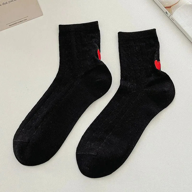 One Pair of Frilly Socks With Heart Pattern | Cute Crew Socks | Causal Socks - KawaSocks