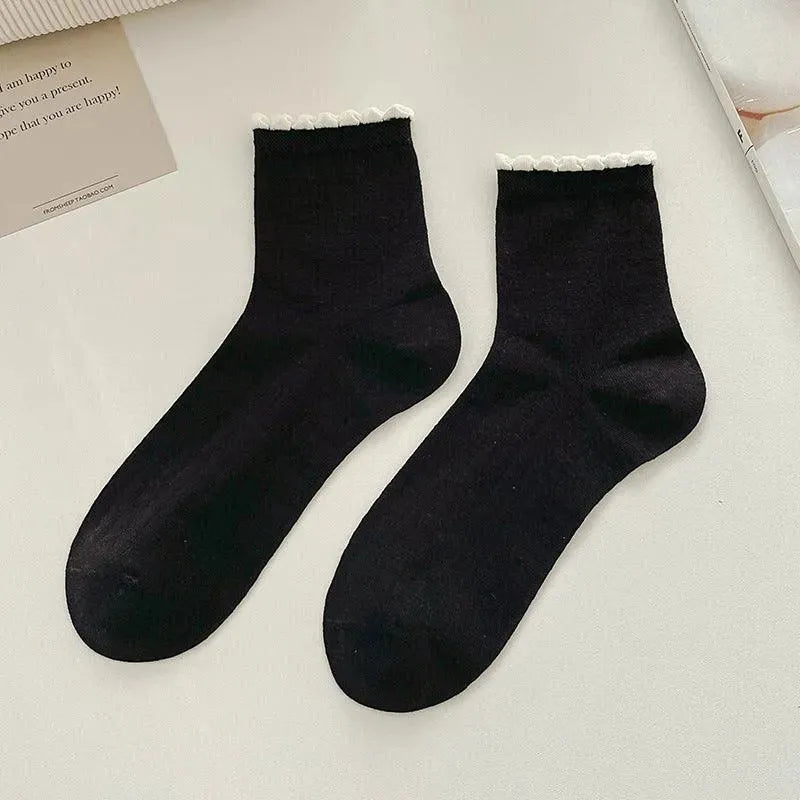 One Pair of Frilly Socks With Heart Pattern | Cute Crew Socks | Causal Socks - KawaSocks
