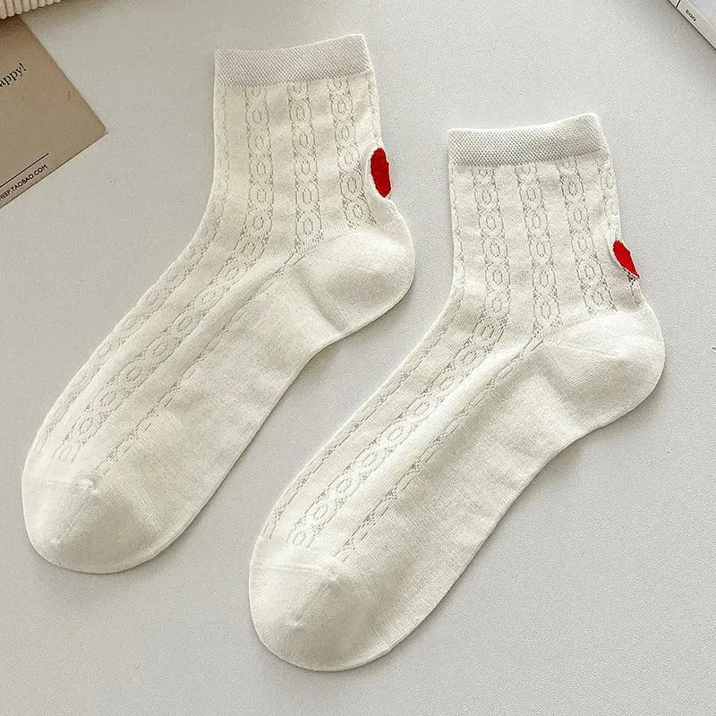 One Pair of Frilly Socks With Heart Pattern | Cute Crew Socks | Causal Socks - KawaSocks